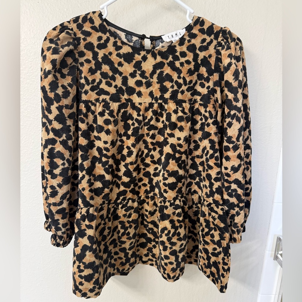 THML Leopard Print Long Sleeve Peplum Top - Black & Tan